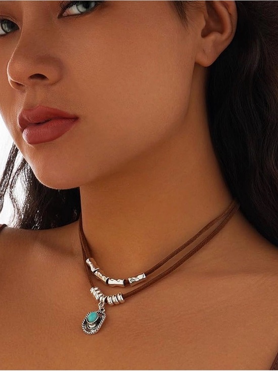 Jewelry - Boho Layered Brown Suede Necklace with Turquoise Pendant Cowboy Hat